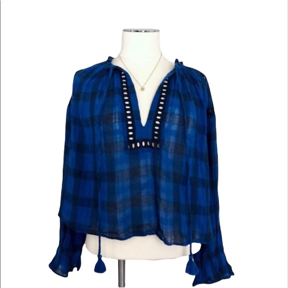Free People Tops - FREE PEOPLE Blue Black Oversized Plaid Size XS Shirt Honey Grove Buffalo Cotton
